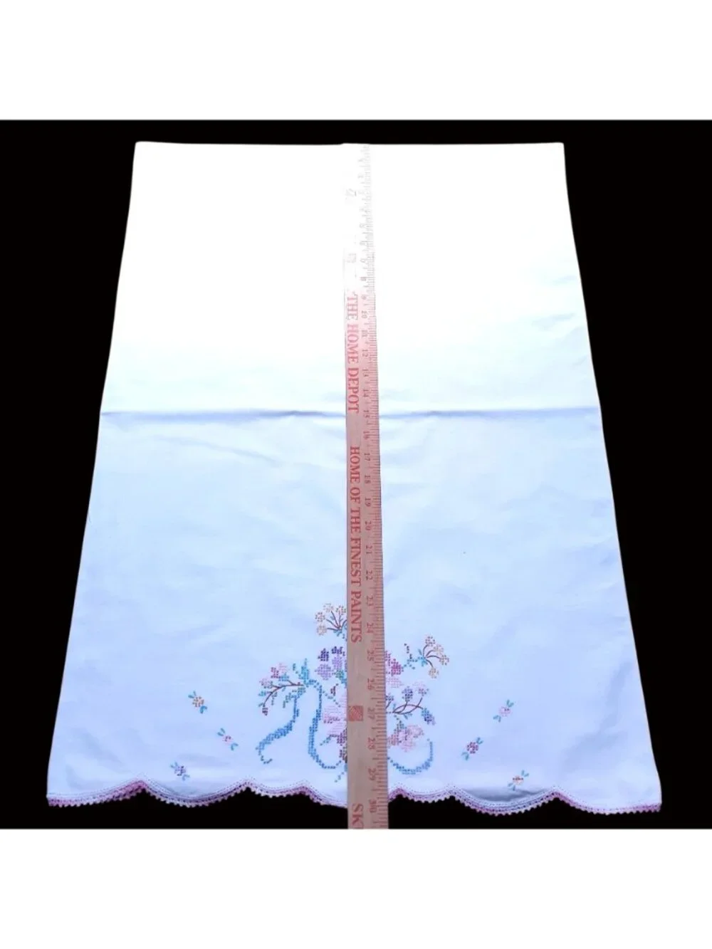 Vintage Hand-Embroidered Pillowcases Floral Cross-Stitch Pink Crochet Trim Set